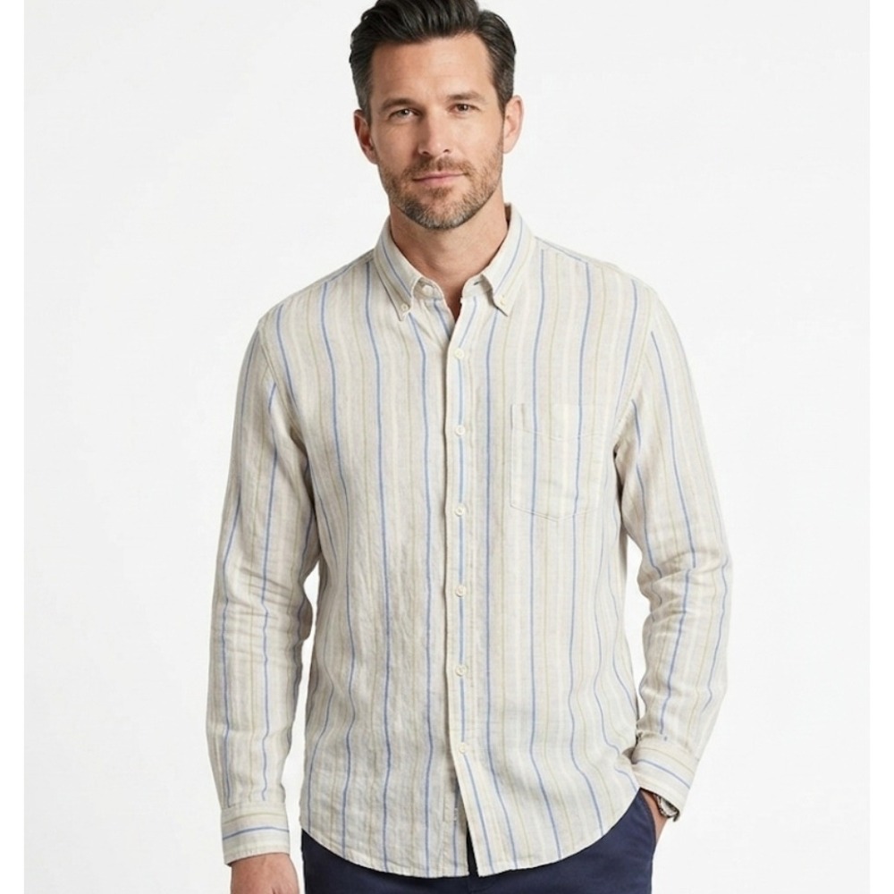 W.H. Belk Linen Button Down Shirt Men XL Cream Blue‎ Striped Long Sleeve Casual